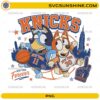 Bluey Knicks PNG featuring Bluey and Bingo wearing New York-inspired basketball jerseys with basketball and city skyline.