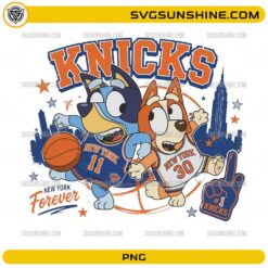 Bluey Knicks PNG featuring Bluey and Bingo wearing New York-inspired basketball jerseys with basketball and city skyline.