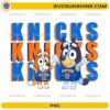 Bluey Knicks Basketball PNG featuring Bluey and Bingo wearing blue and orange basketball jerseys for sublimation crafts.