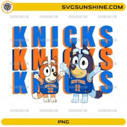 Bluey Knicks Basketball PNG featuring Bluey and Bingo wearing blue and orange basketball jerseys for sublimation crafts.