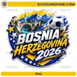 Bosnia and Herzegovina 2026 Soccer PNG with soccer ball, blue yellow colors, stars, mountains, and bridge design