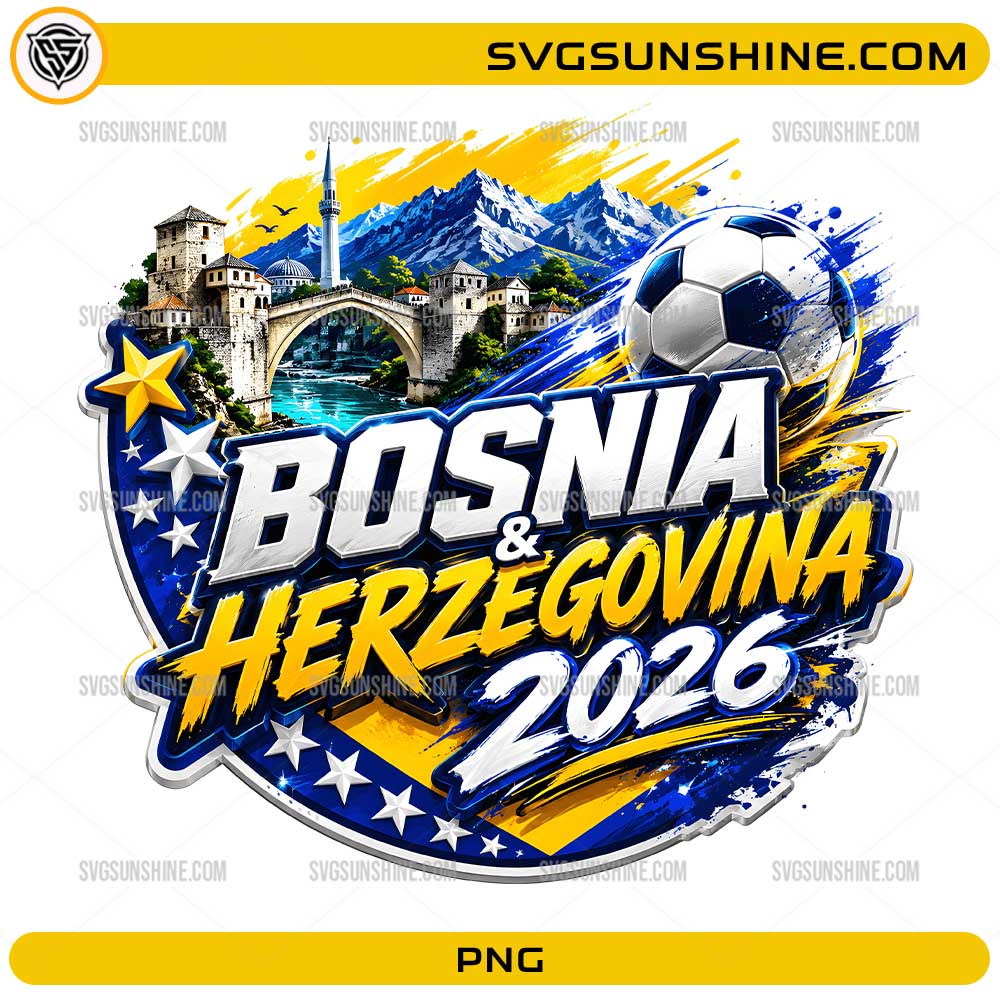 Bosnia and Herzegovina 2026 Soccer PNG with soccer ball, blue yellow colors, stars, mountains, and bridge design