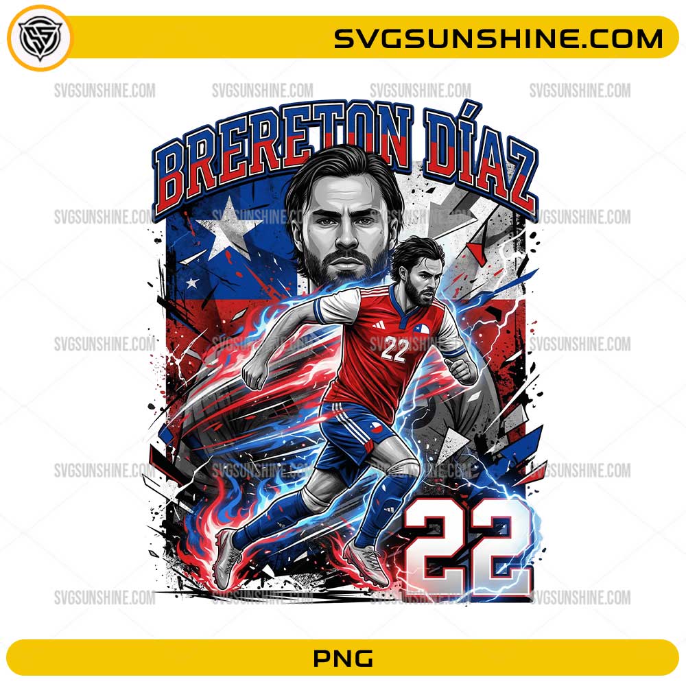 Brereton Díaz Chile Soccer PNG with number 22 football player artwork, red blue white colors, and dynamic sports design