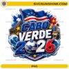 Cabo Verde 2026 Soccer PNG with Cabo Verde flag, soccer ball, ocean waves, stars, volcanic mountain, and football fan design