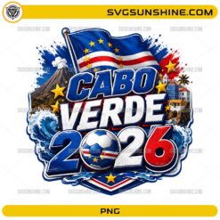 Cabo Verde 2026 Soccer PNG with Cabo Verde flag, soccer ball, ocean waves, stars, volcanic mountain, and football fan design
