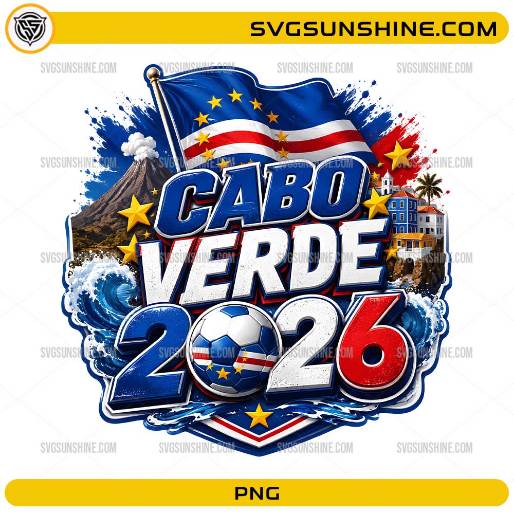 Cabo Verde 2026 Soccer PNG with Cabo Verde flag, soccer ball, ocean waves, stars, volcanic mountain, and football fan design