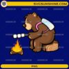 Camping Bear PNG featuring a cute bear roasting marshmallows over a campfire while camping outdoors