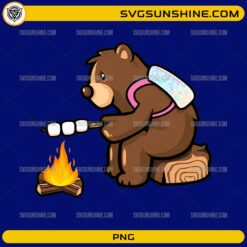Camping Bear PNG featuring a cute bear roasting marshmallows over a campfire while camping outdoors