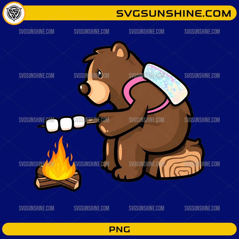 Camping Bear PNG featuring a cute bear roasting marshmallows over a campfire while camping outdoors