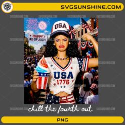 Chill The Fourth Out PNG featuring a patriotic USA girl celebrating the Fourth of July with fireworks and American-themed outfit