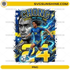 Chong Curaçao Soccer PNG with number 24 football player artwork, blue yellow colors, lightning effects, and dynamic sports design