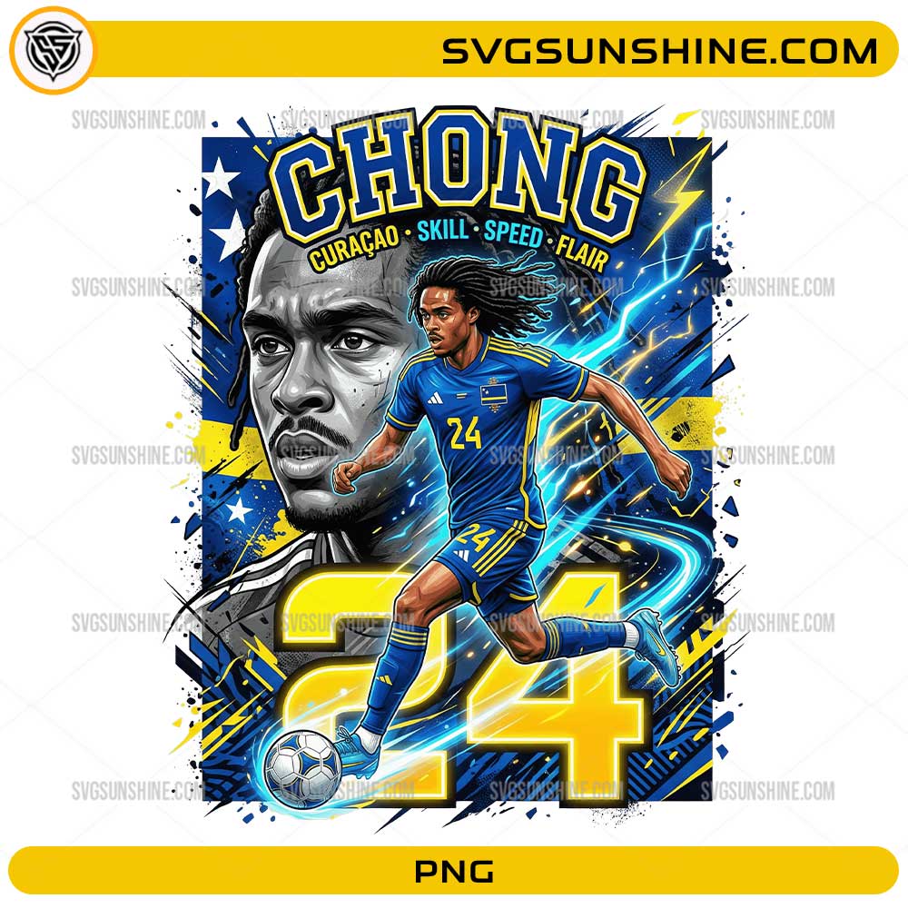 Chong Curaçao Soccer PNG with number 24 football player artwork, blue yellow colors, lightning effects, and dynamic sports design