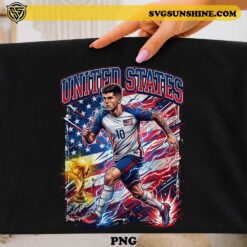Christian Pulisic USA soccer PNG with United States national team colors and American flag artwork for football t-shirts, sublimation printing, Cricut projects, and sports fan merchandise.