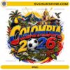 Colombia 2026 Soccer PNG with soccer ball, Colombian flag colors, tropical birds, mountains, and football fan design