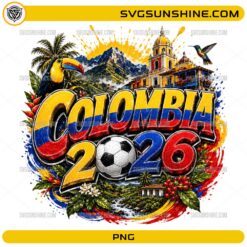 Colombia 2026 Soccer PNG with soccer ball, Colombian flag colors, tropical birds, mountains, and football fan design