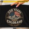 Colorado 150 Years America 250 PNG featuring vintage mountain artwork, American flag, and patriotic 1776–2026 design for sublimation, Cricut, t-shirts, and Independence Day merchandise.