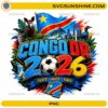 Congo DR 2026 Soccer PNG with DR Congo flag, soccer ball, tropical wildlife, mountains, waterfalls, and football fan design