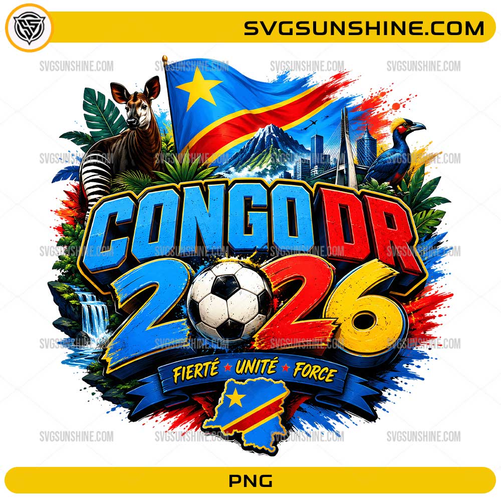Congo DR 2026 Soccer PNG with DR Congo flag, soccer ball, tropical wildlife, mountains, waterfalls, and football fan design