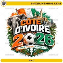 Côte d’Ivoire World Cup 2026 PNG with soccer ball, elephant, national flag colors, and landmark artwork