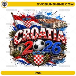 Croatia 2026 Soccer PNG with Croatian flag, soccer ball, checkerboard pattern, coastal city, and football fan design