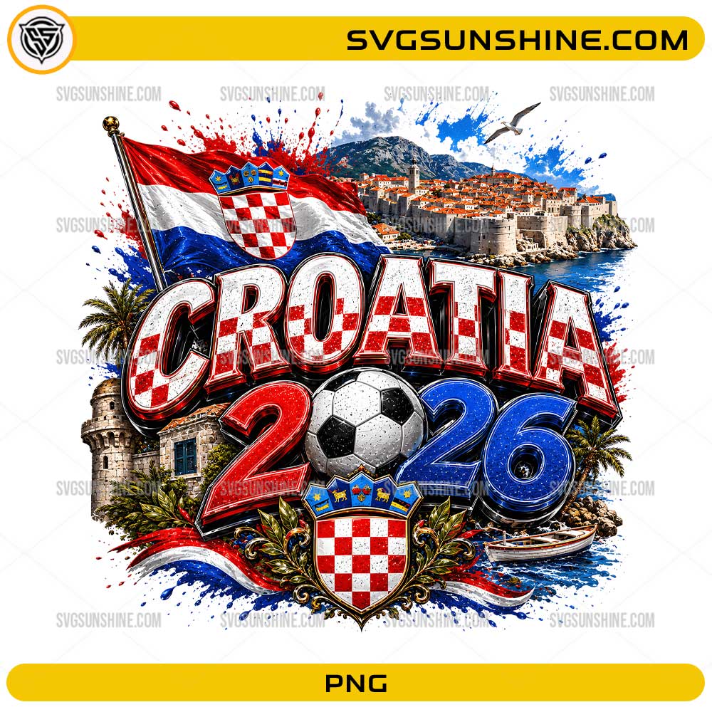 Croatia 2026 Soccer PNG with Croatian flag, soccer ball, checkerboard pattern, coastal city, and football fan design