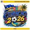 Curaçao 2026 Soccer PNG with Curaçao flag, soccer ball, colorful island buildings, beach, palm trees, and turtle design