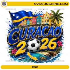 Curaçao 2026 Soccer PNG with Curaçao flag, soccer ball, colorful island buildings, beach, palm trees, and turtle design