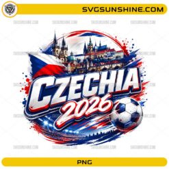 Czechia 2026 Soccer PNG with Czech flag, soccer ball, Prague architecture, stadium lights, and football fan design
