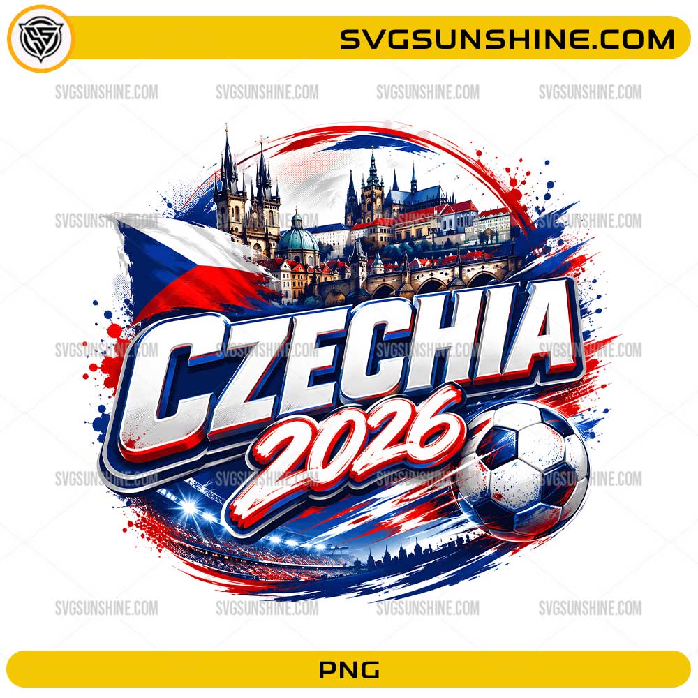 Czechia 2026 Soccer PNG with Czech flag, soccer ball, Prague architecture, stadium lights, and football fan design