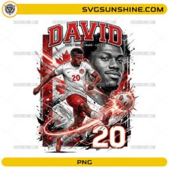 Alt Text David Canada Soccer PNG with number 20 football player artwork, red white Canada colors, and dynamic striker design