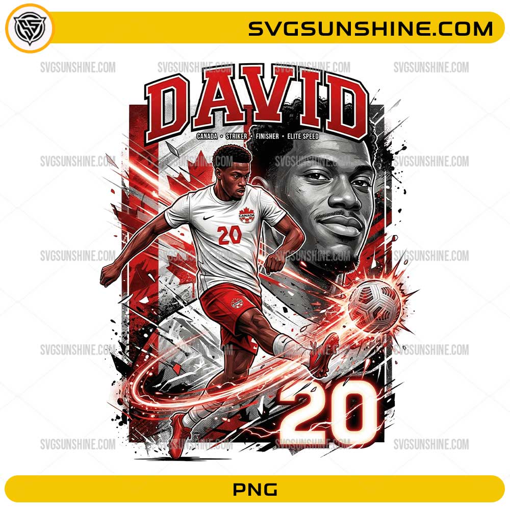 Alt Text David Canada Soccer PNG with number 20 football player artwork, red white Canada colors, and dynamic striker design