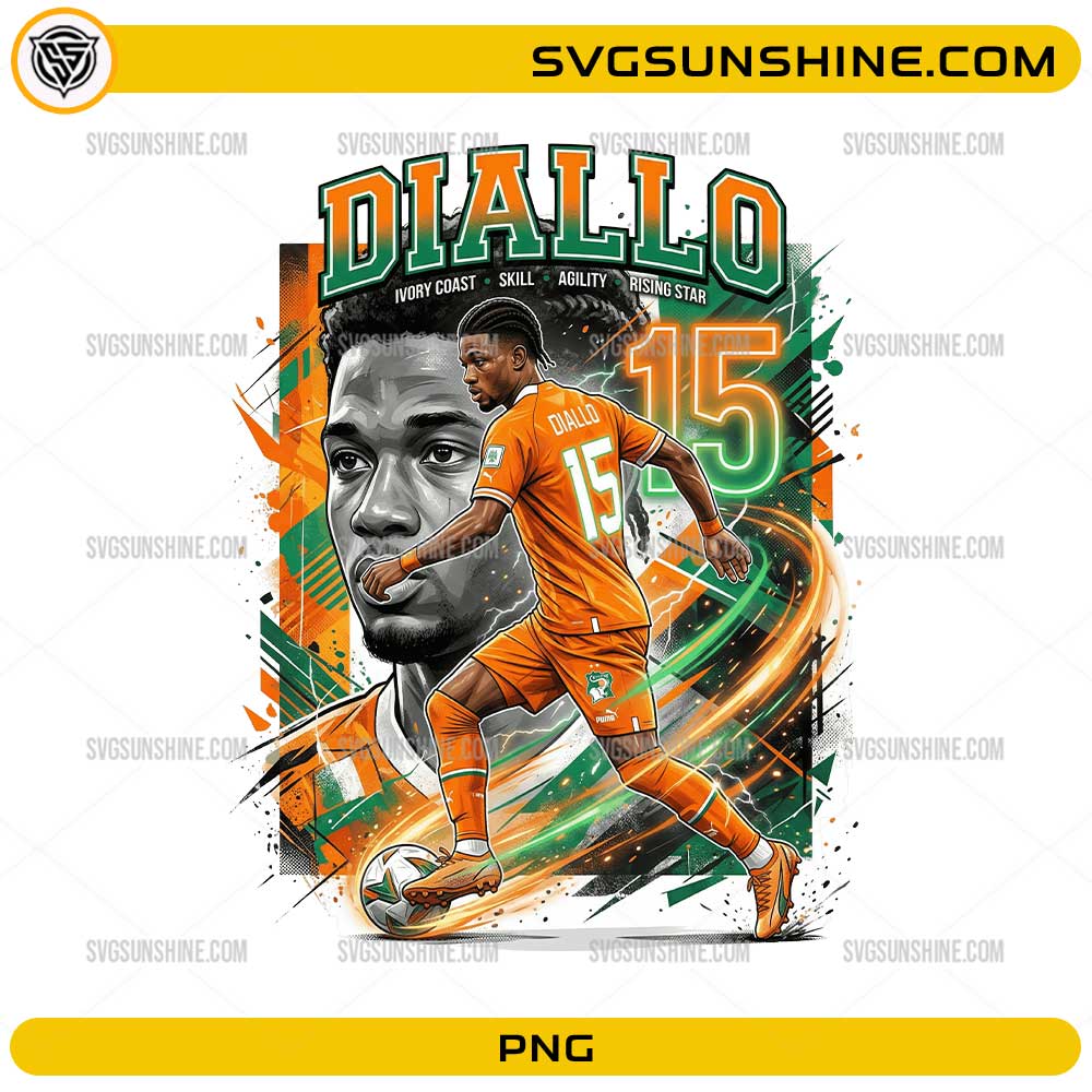 Diallo Ivory Coast World Cup 2026 PNG with number 15 jersey and bold football fan art