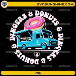 Dincers And Donuts PNG featuring a colorful donut food truck with a giant pink frosted donut
