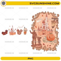 Disney Fall Castle PNG featuring a magical castle, autumn pumpkin, seasonal coffee, park-inspired treats, and transparent background.