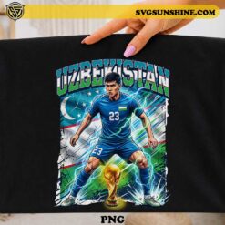 Eldor Shomurodov Uzbekistan soccer PNG with Uzbekistan national team colors and Uzbekistan flag artwork for football t-shirts, sublimation printing, Cricut projects, and sports fan merchandise.