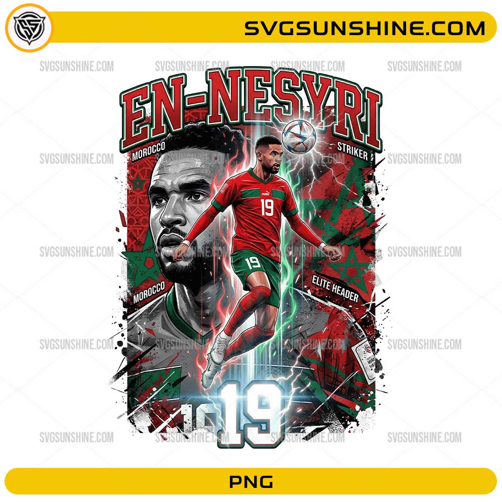 En-Nesyri Morocco World Cup 2026 PNG with number 19 jersey and bold football fan art