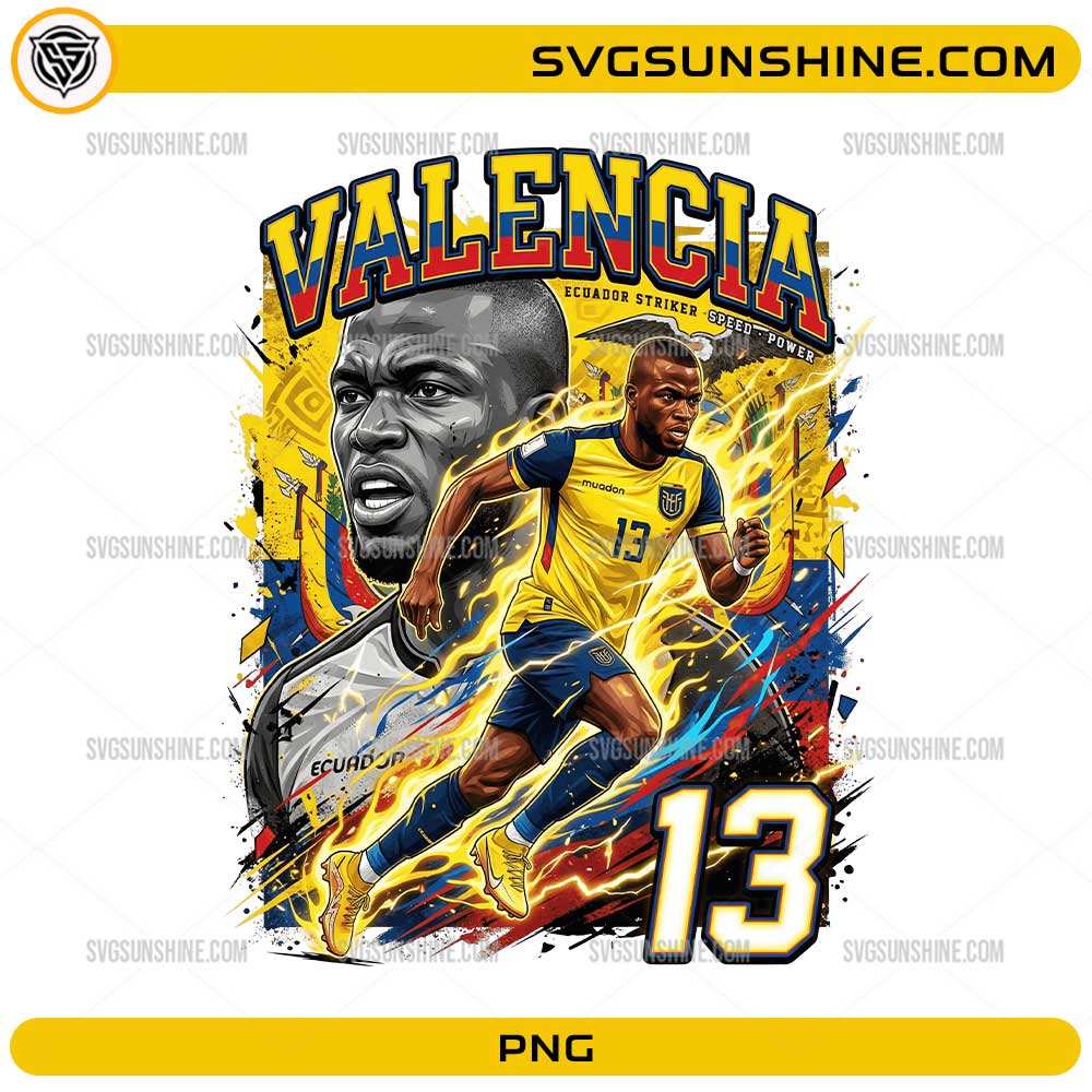 Enner Valencia Ecuador Soccer PNG with number 13 football player artwork, yellow blue red colors, and dynamic striker design