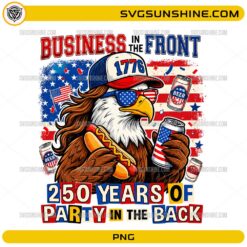 Funny Eagle Mullet PNG clipart with patriotic bald eagle holding hot dog and beer for USA 250th Anniversary