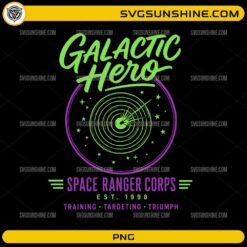 Galactic Hero PNG featuring Space Ranger Corps text, retro target graphic, stars, and neon green purple design