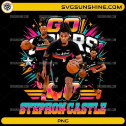 Go Spurs Go Stephon Castle PNG featuring retro basketball graphics, multiple action poses, and colorful San Antonio fan artwork
