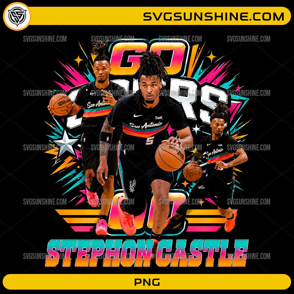 Go Spurs Go Stephon Castle PNG featuring retro basketball graphics, multiple action poses, and colorful San Antonio fan artwork