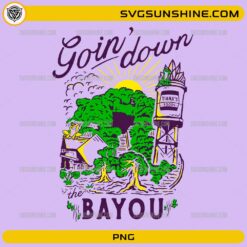 Goin Down The Bayou PNG featuring a colorful bayou landscape with frog, trees, and southern adventure artwork