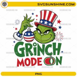 Grinch Mode On PNG clipart with the Grinch wearing a patriotic hat holding American flag ornaments