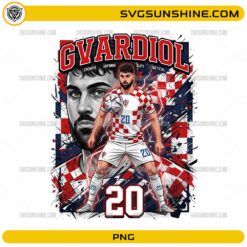 Gvardiol Croatia Soccer PNG with number 20 football player artwork, red white blue colors, and checkerboard sports design