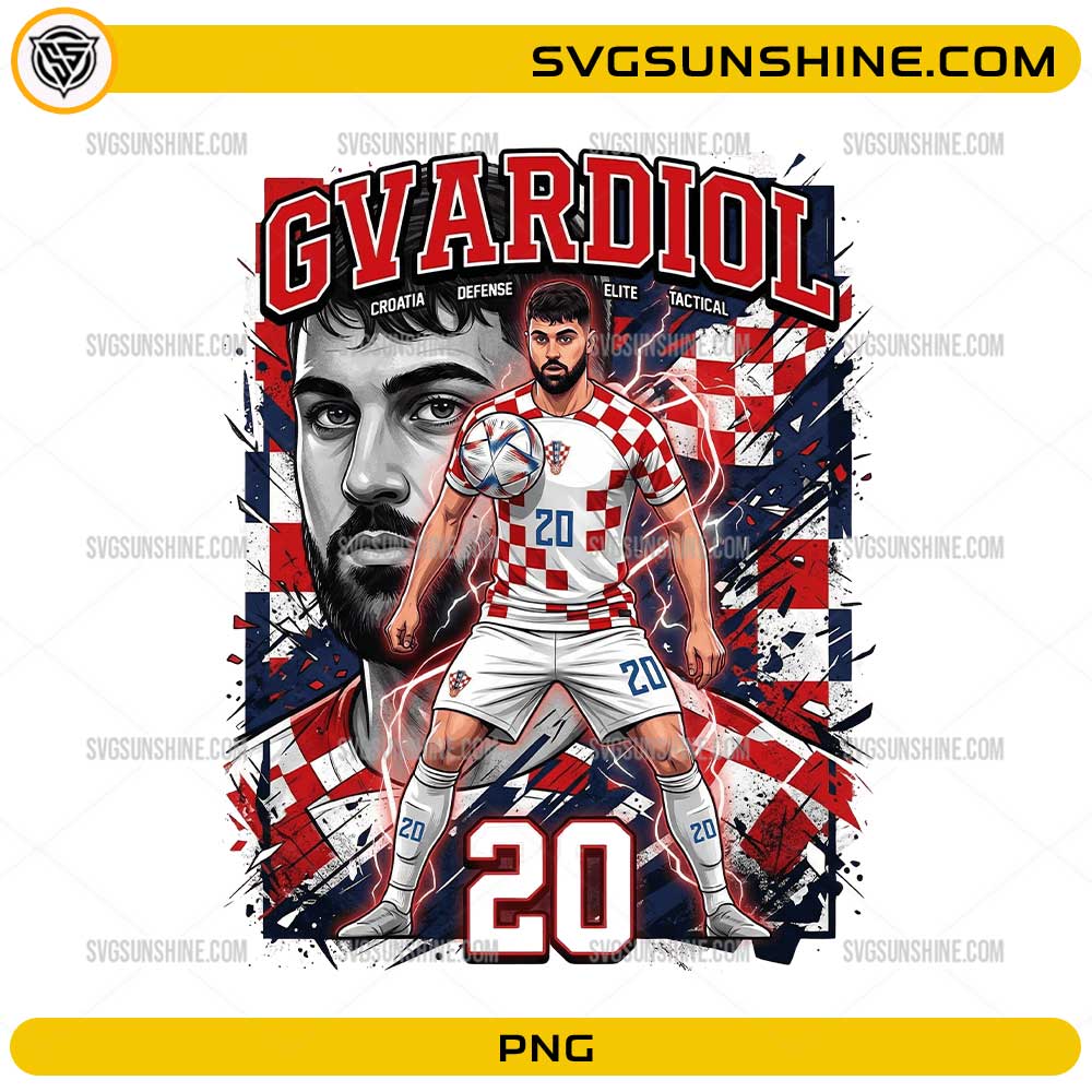 Gvardiol Croatia Soccer PNG with number 20 football player artwork, red white blue colors, and checkerboard sports design