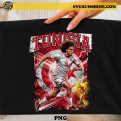 Hannibal Mejbri Tunisia soccer PNG with Tunisia national team colors and Tunisian flag artwork for football t-shirts, sublimation printing, Cricut projects, and sports fan merchandise.