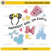 Happiest Girl On Earth Disney Trip PNG featuring mouse ears, bows, castle, tickets and magical vacation elements
