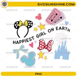 Happiest Girl On Earth Disney Trip PNG featuring mouse ears, bows, castle, tickets and magical vacation elements