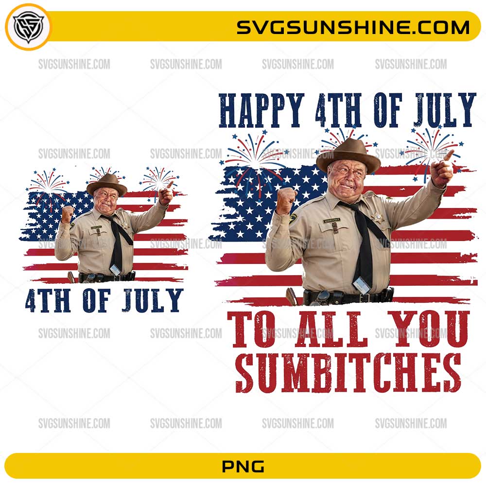 Happy 4th of July PNG clipart with a cheerful patriotic character in front of American flag and fireworks