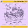 Harry Potter Hogwarts Castle PNG featuring magical train, open book, owl, wand, envelope, and castle line art